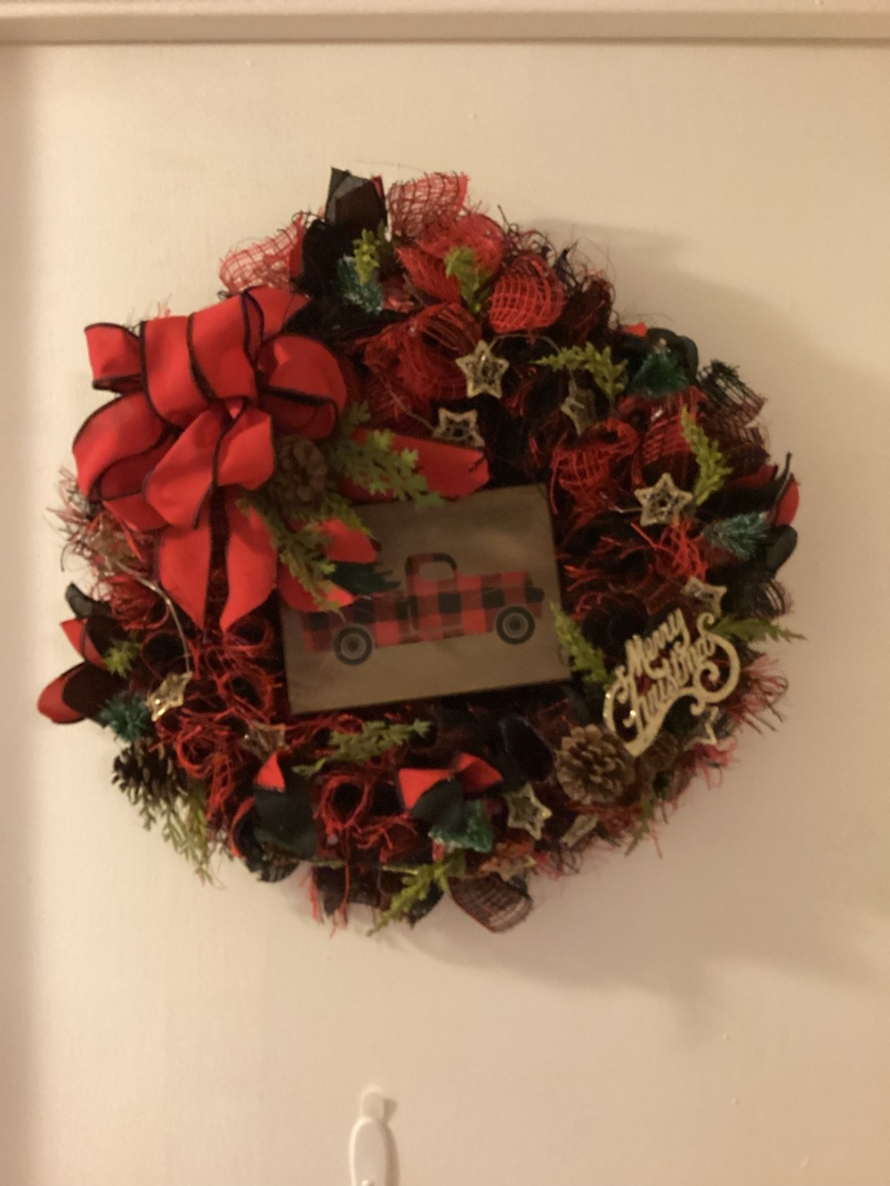 Homemade Christmas wreath with truck and battery operated lights